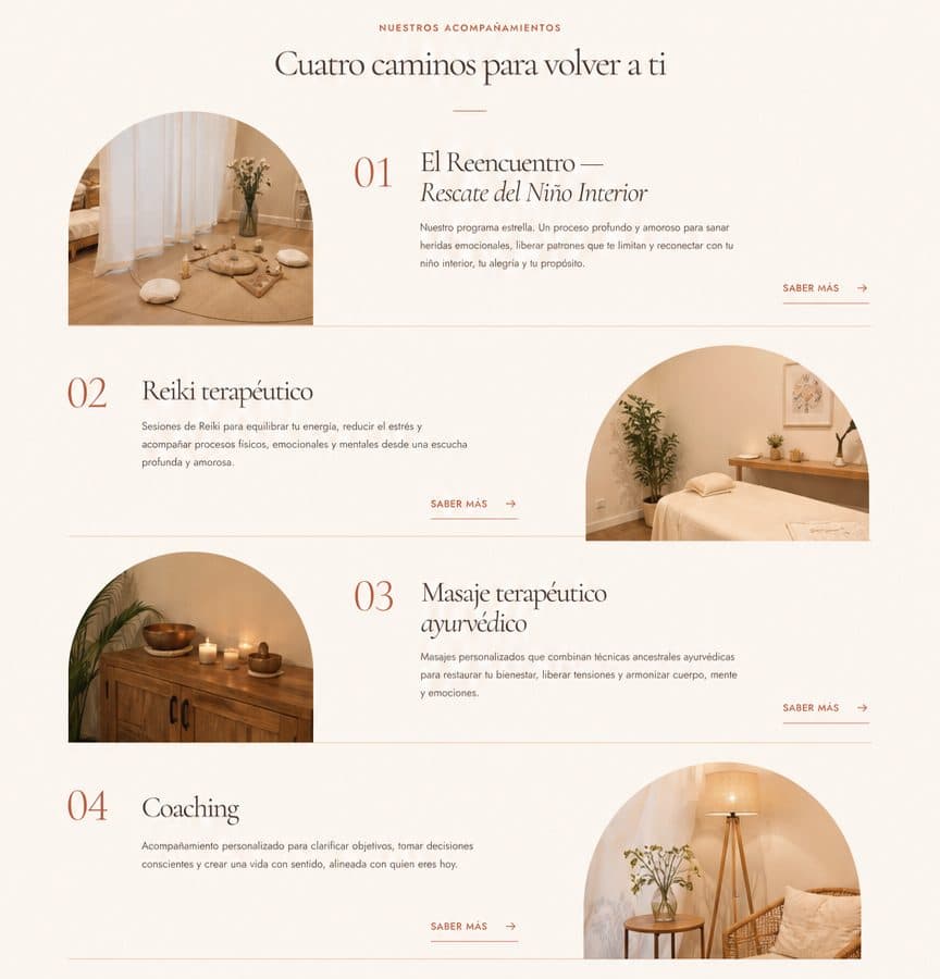 The "Cuatro caminos para volver a ti" section with arch-shaped photos
