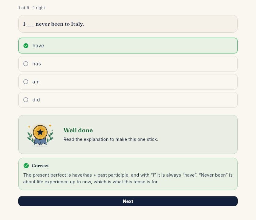 A solved exercise: the correct answer highlighted, a "Well done" card with a medal and the explanation of the rule