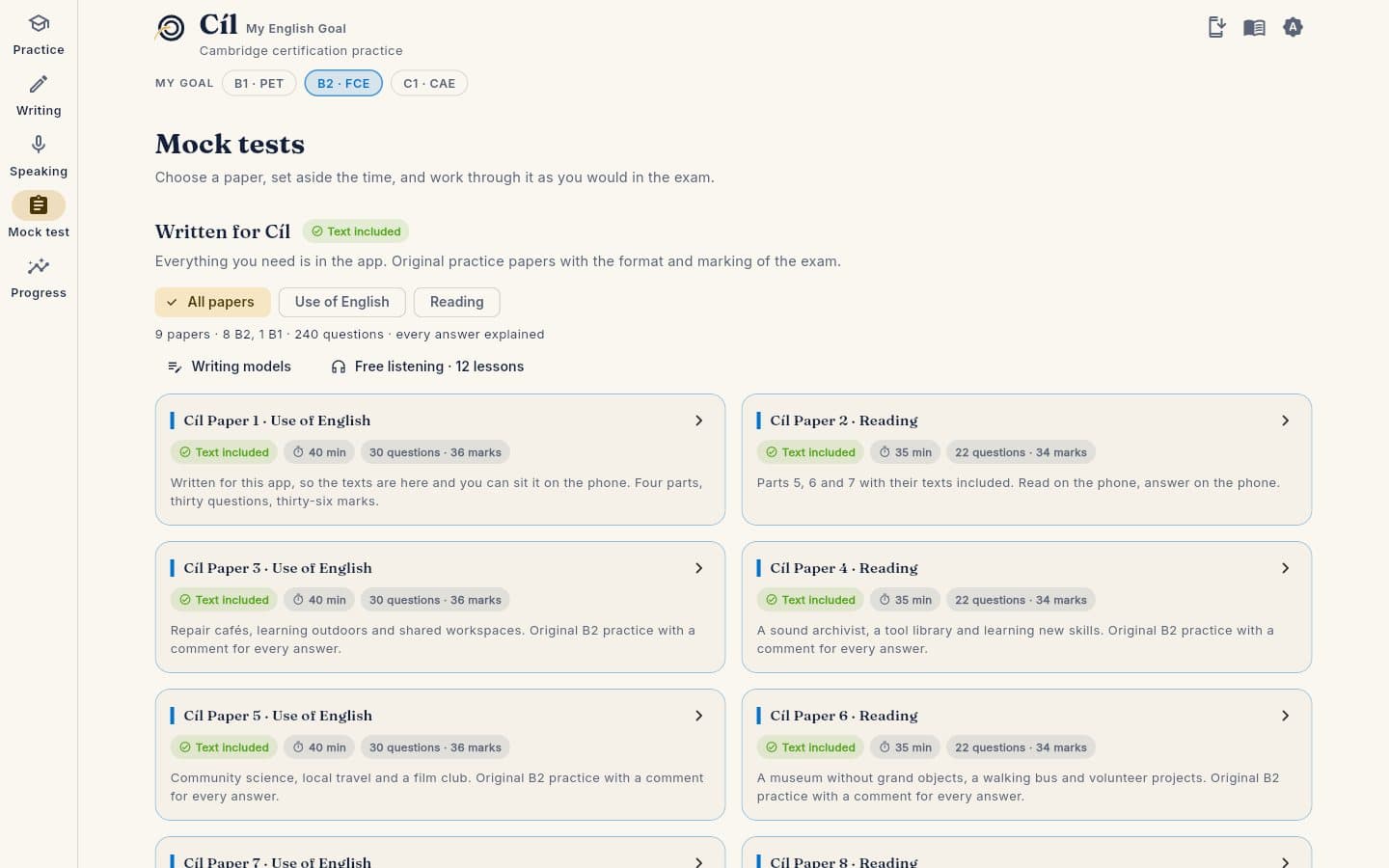 The Mock tests screen listing papers written for Cíl, each with its time, questions and marks