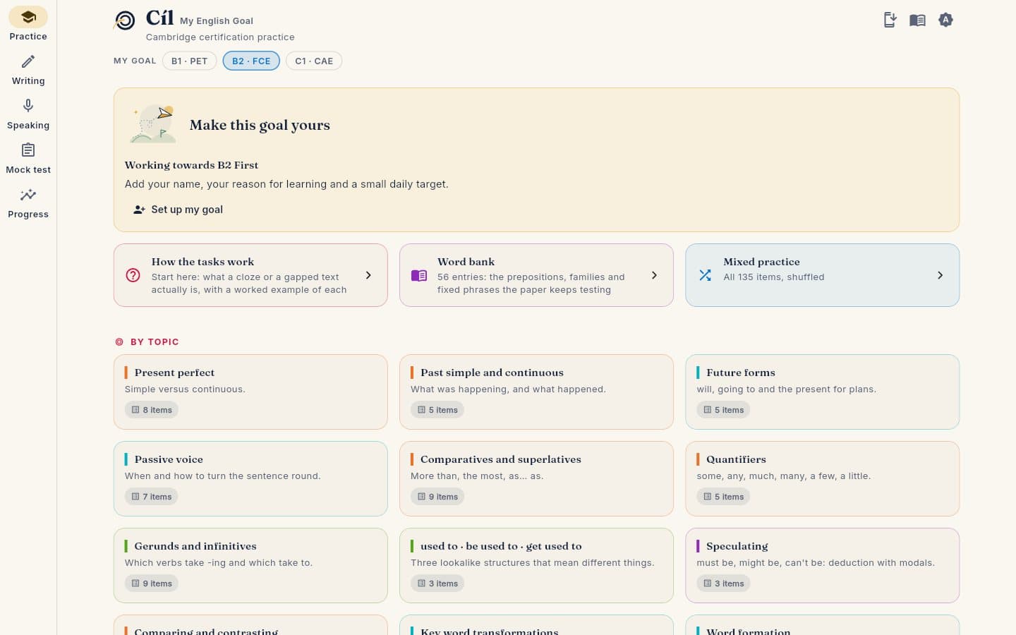 Cíl practice screen: goal chips for B1, B2 and C1, a goal card and topic cards such as Present perfect and Passive voice