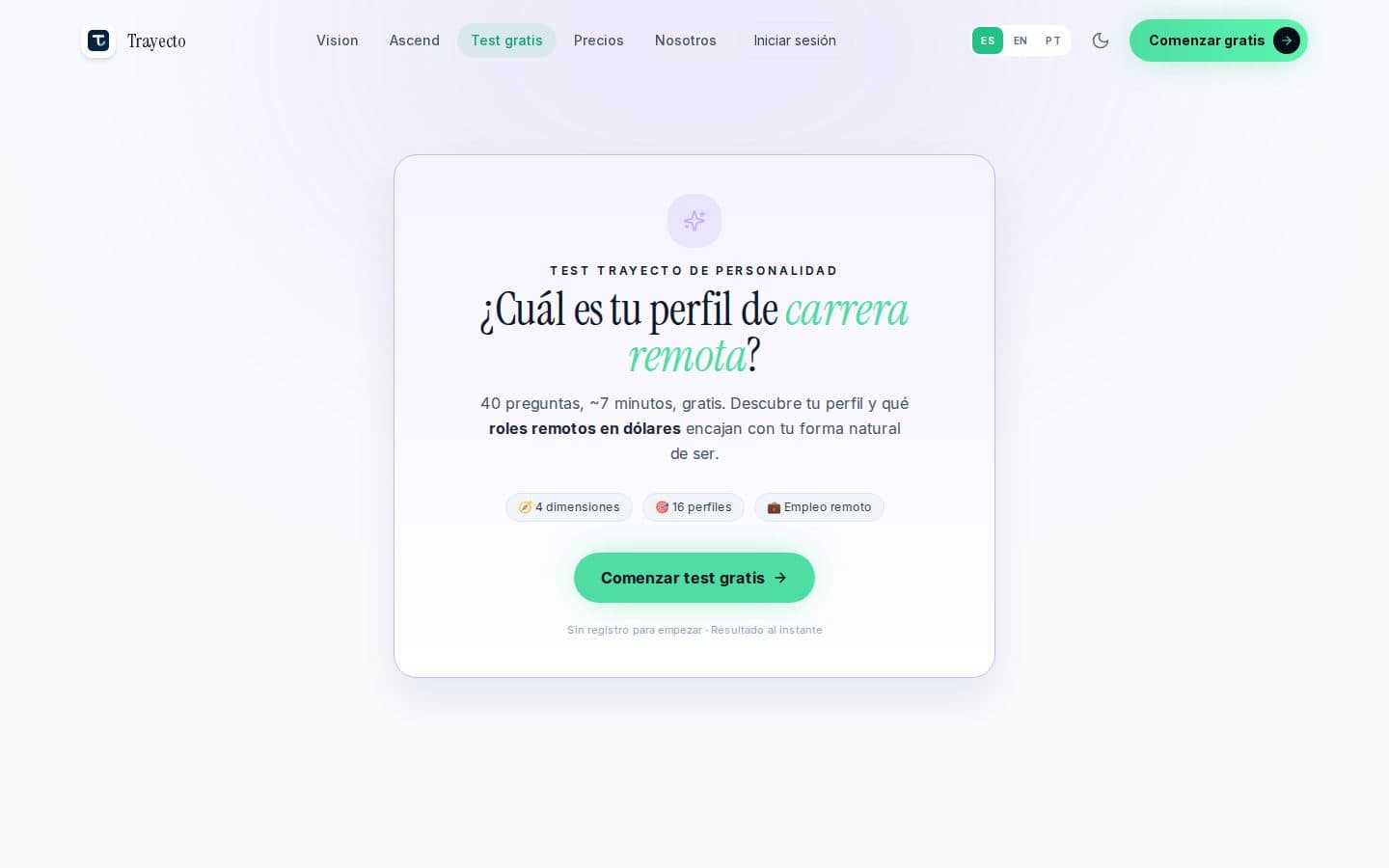 The Trayecto personality test start card: "¿Cuál es tu perfil de carrera remota?"